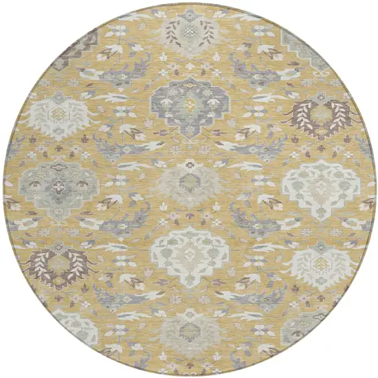 8' Gold Ivory And Gray Round Damask Washable Indoor Outdoor Area Rug Photo 2