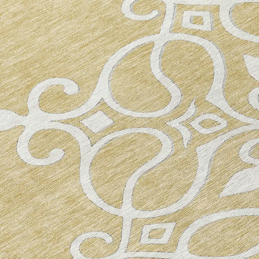 8' Gold Ivory And Gray Round Floral Medallion Washable Indoor Outdoor Area Rug Photo 8