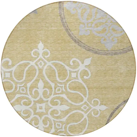 8' Gold Ivory And Gray Round Floral Medallion Washable Indoor Outdoor Area Rug Photo 5