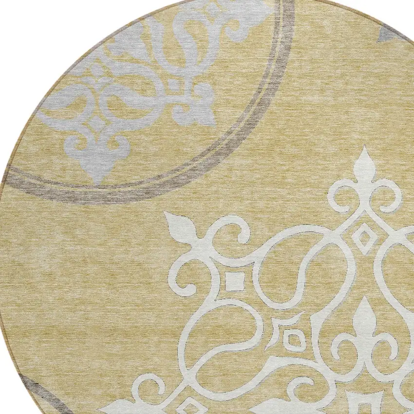 8' Gold Ivory And Gray Round Floral Medallion Washable Indoor Outdoor Area Rug Photo 4