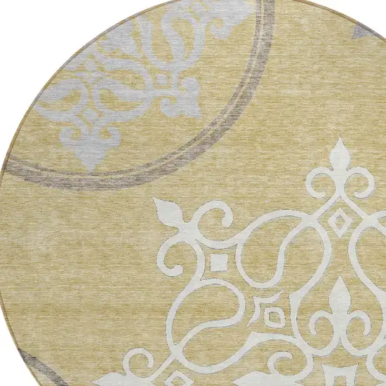 8' Gold Ivory And Gray Round Floral Medallion Washable Indoor Outdoor Area Rug Photo 4