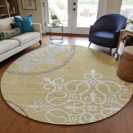 8' Gold Ivory And Gray Round Floral Medallion Washable Indoor Outdoor Area Rug Photo 7