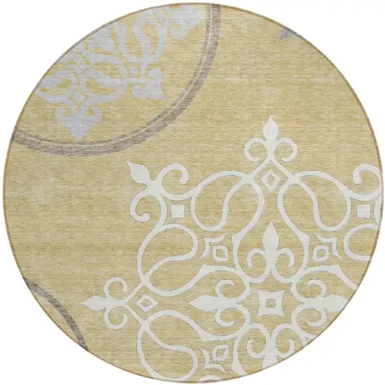 8' Gold Ivory And Gray Round Floral Medallion Washable Indoor Outdoor Area Rug Photo 2