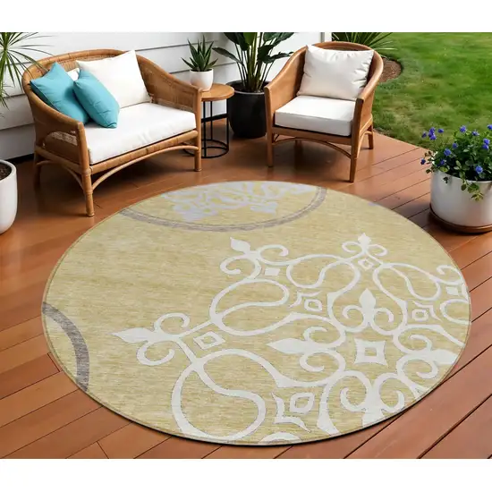 8' Gold Ivory And Gray Round Floral Medallion Washable Indoor Outdoor Area Rug Photo 1