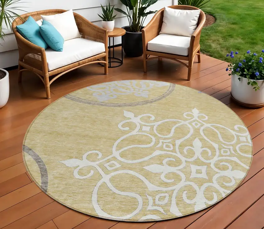 8' Gold Ivory And Gray Round Floral Medallion Washable Indoor Outdoor Area Rug Photo 1