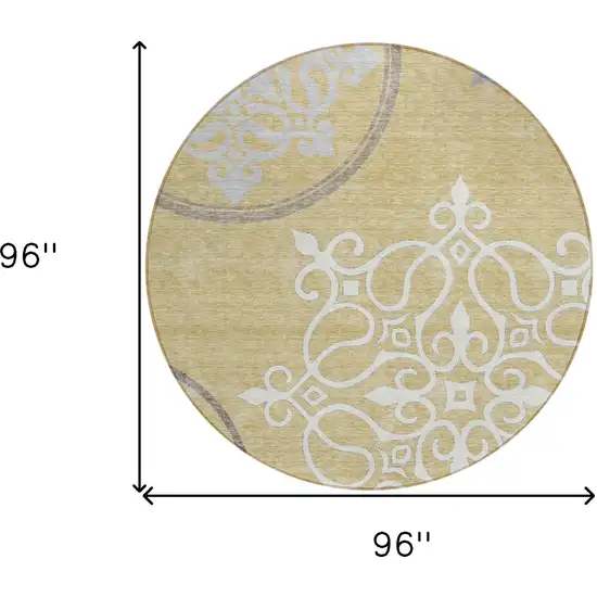 8' Gold Ivory And Gray Round Floral Medallion Washable Indoor Outdoor Area Rug Photo 3