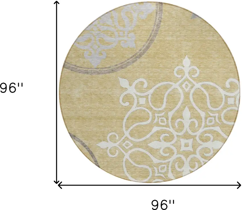 8' Gold Ivory And Gray Round Floral Medallion Washable Indoor Outdoor Area Rug Photo 3