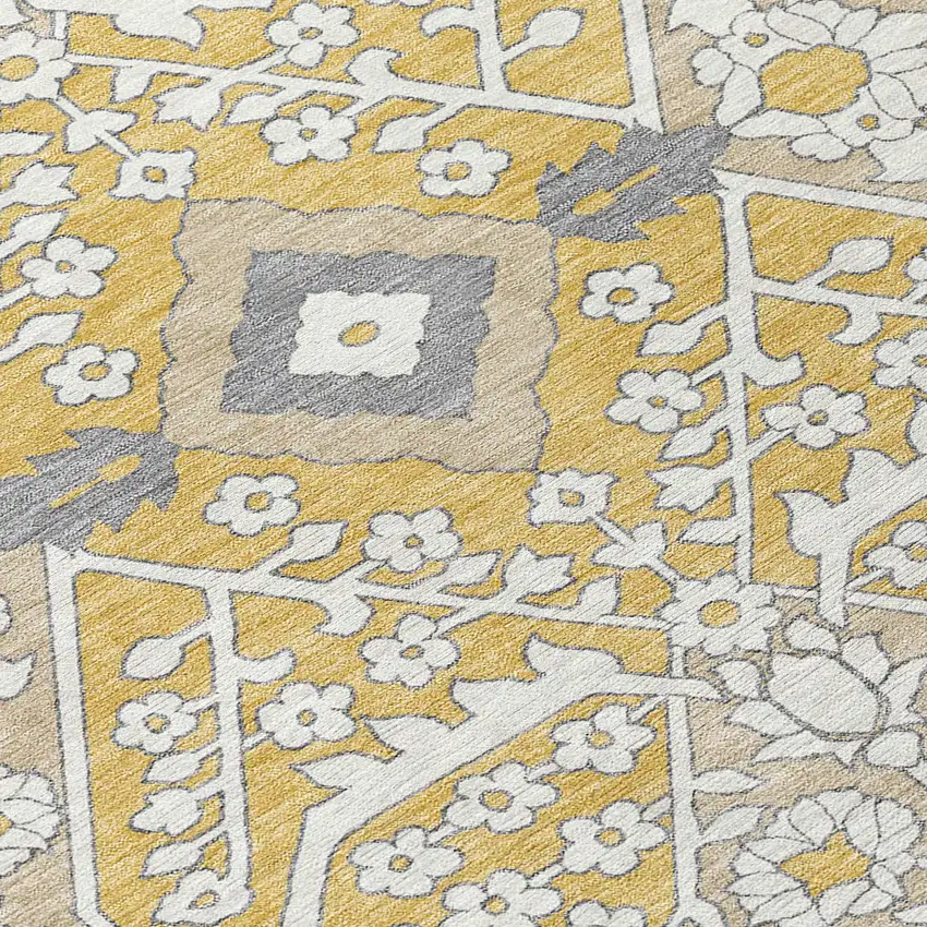 8' Gold Ivory And Gray Round Floral Washable Indoor Outdoor Area Rug Photo 3