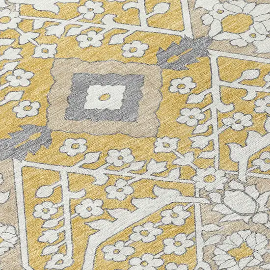 8' Gold Ivory And Gray Round Floral Washable Indoor Outdoor Area Rug Photo 3