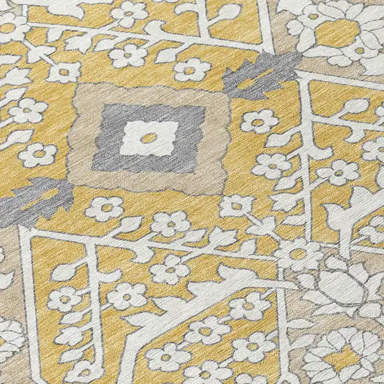 8' Gold Ivory And Gray Round Floral Washable Indoor Outdoor Area Rug Photo 3