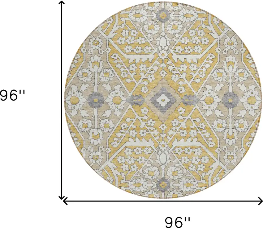 8' Gold Ivory And Gray Round Floral Washable Indoor Outdoor Area Rug Photo 7