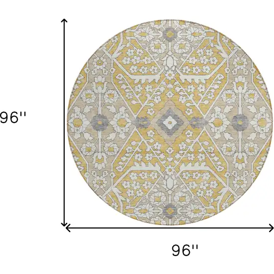8' Gold Ivory And Gray Round Floral Washable Indoor Outdoor Area Rug Photo 7