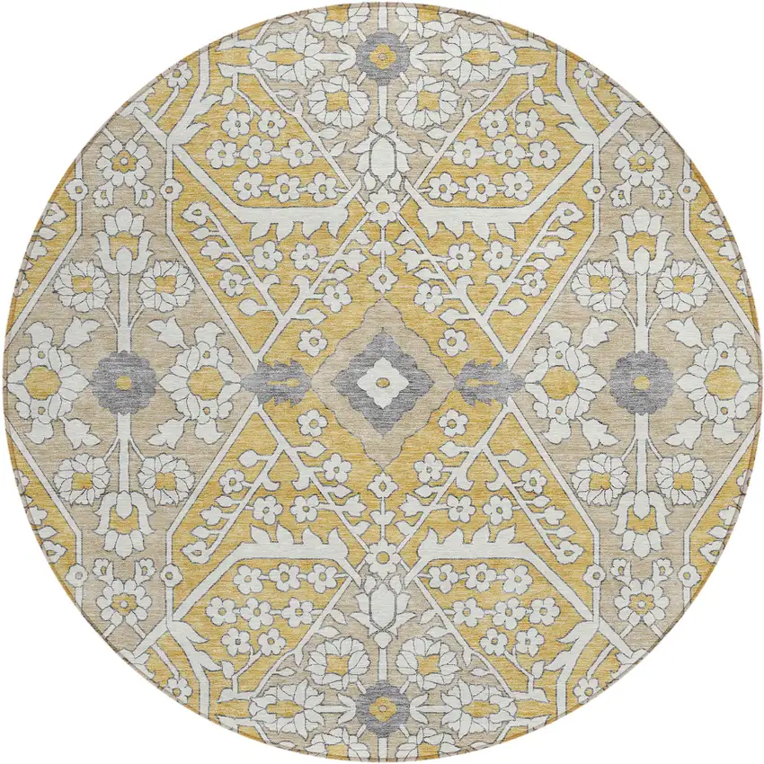 8' Gold Ivory And Gray Round Floral Washable Indoor Outdoor Area Rug Photo 1