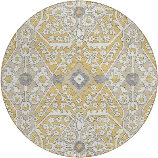 8' Gold Ivory And Gray Round Floral Washable Indoor Outdoor Area Rug Photo 1