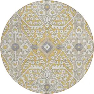 Photo of 8' Gold Ivory And Gray Round Floral Washable Indoor Outdoor Area Rug