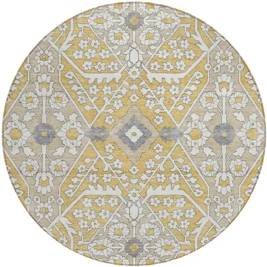 8' Gold Ivory And Gray Round Floral Washable Indoor Outdoor Area Rug Photo 1