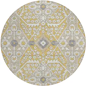 Photo of 8' Gold Ivory And Gray Round Floral Washable Indoor Outdoor Area Rug