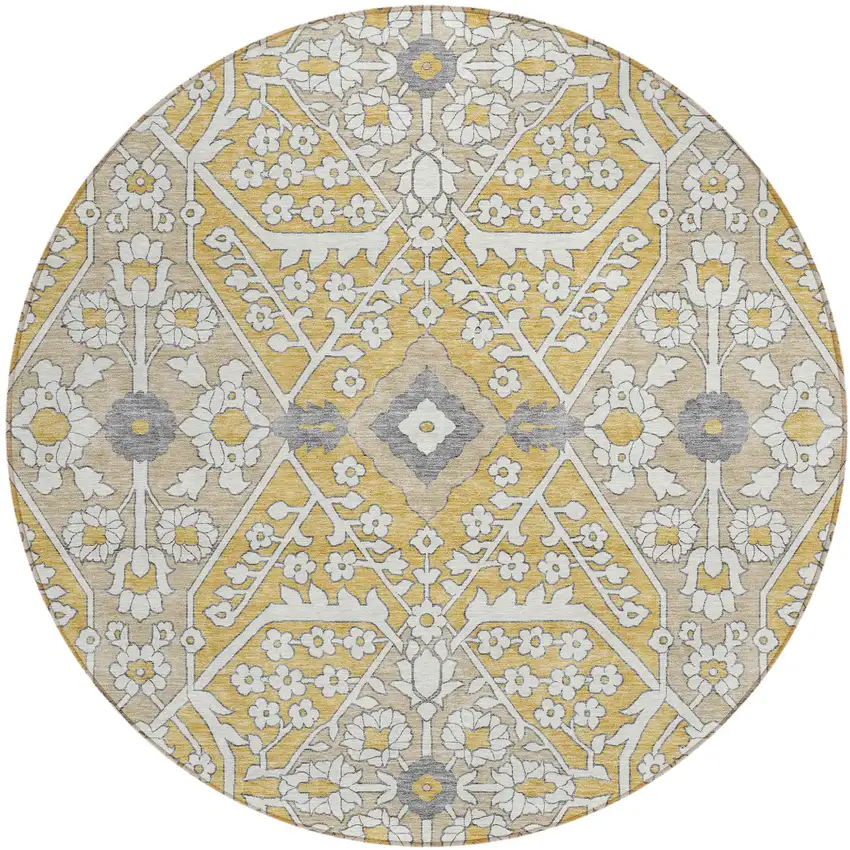 8' Gold Ivory And Gray Round Floral Washable Indoor Outdoor Area Rug Photo 1
