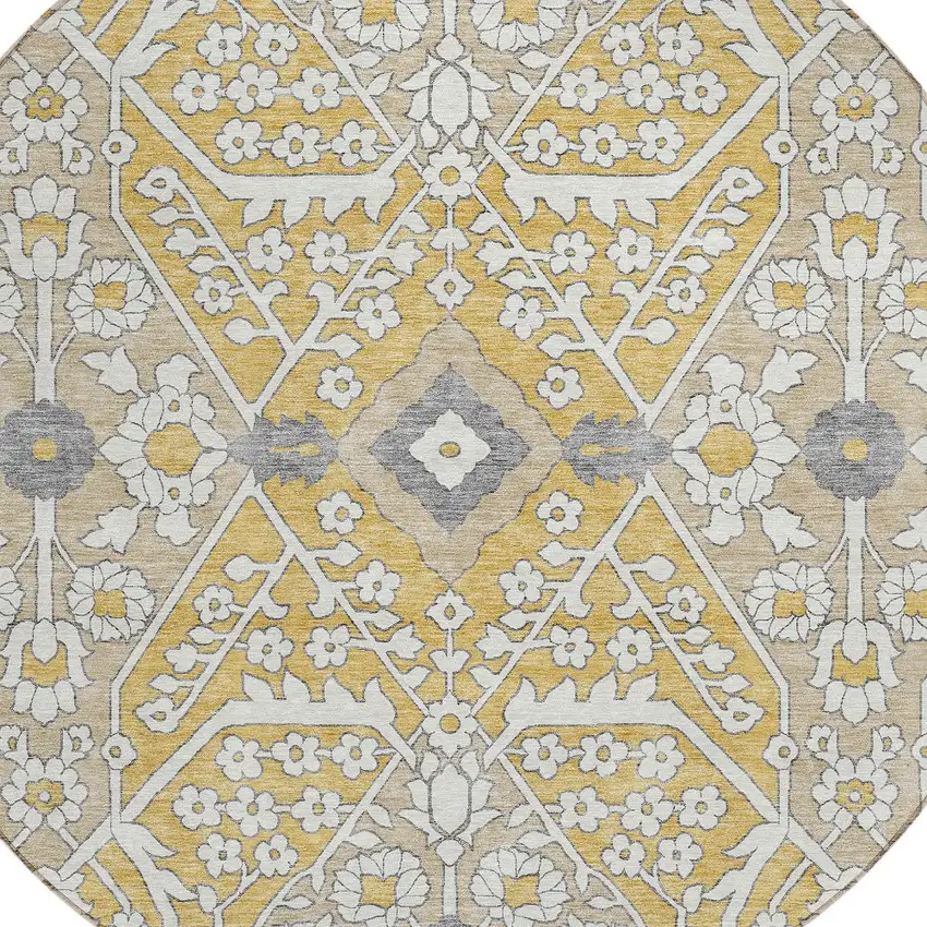 8' Gold Ivory And Gray Round Floral Washable Indoor Outdoor Area Rug Photo 2