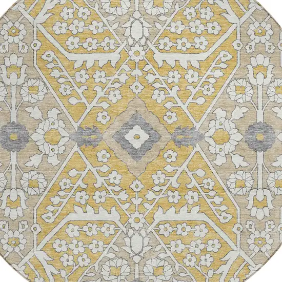 8' Gold Ivory And Gray Round Floral Washable Indoor Outdoor Area Rug Photo 2