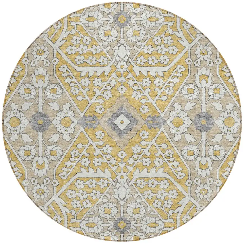8' Gold Ivory And Gray Round Floral Washable Indoor Outdoor Area Rug Photo 4
