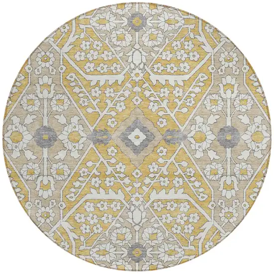 8' Gold Ivory And Gray Round Floral Washable Indoor Outdoor Area Rug Photo 4