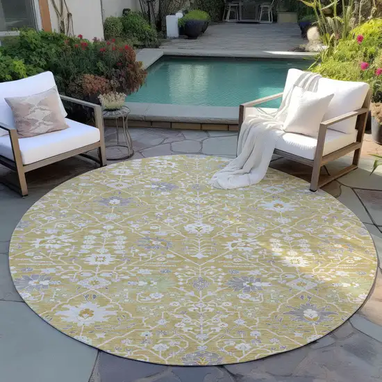 8' Gold Ivory And Gray Round Oriental Washable Indoor Outdoor Area Rug Photo 7