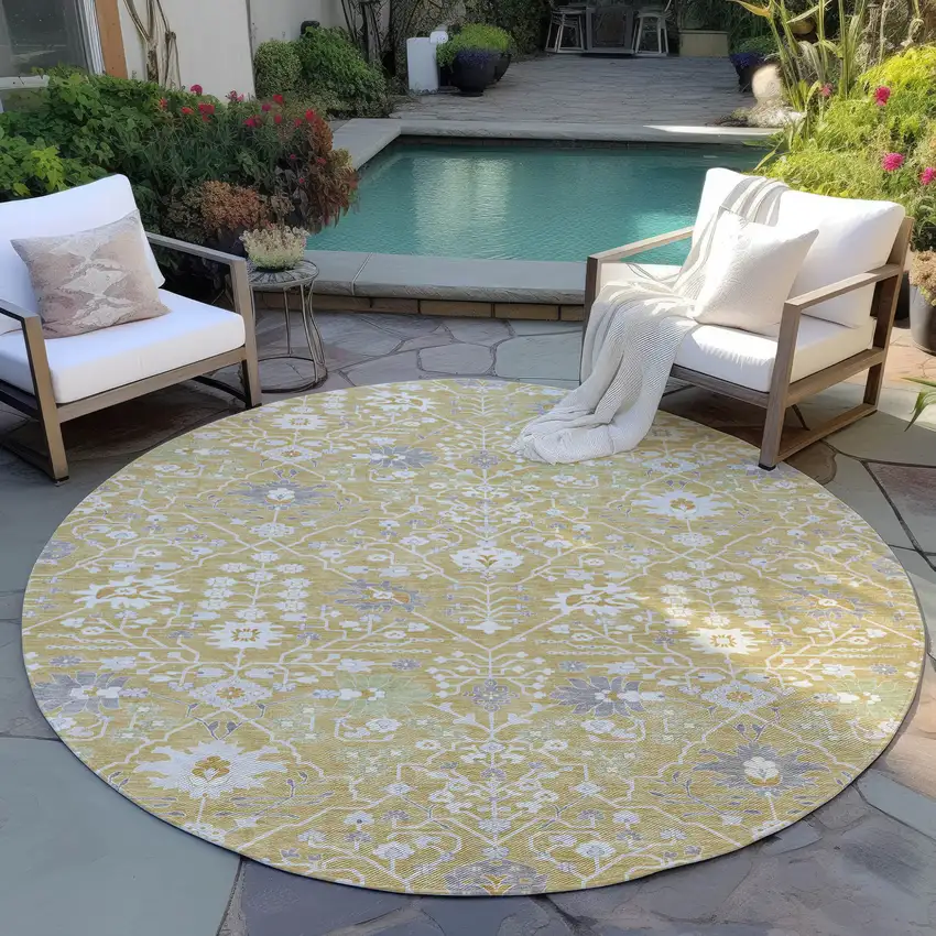 8' Gold Ivory And Gray Round Oriental Washable Indoor Outdoor Area Rug Photo 7