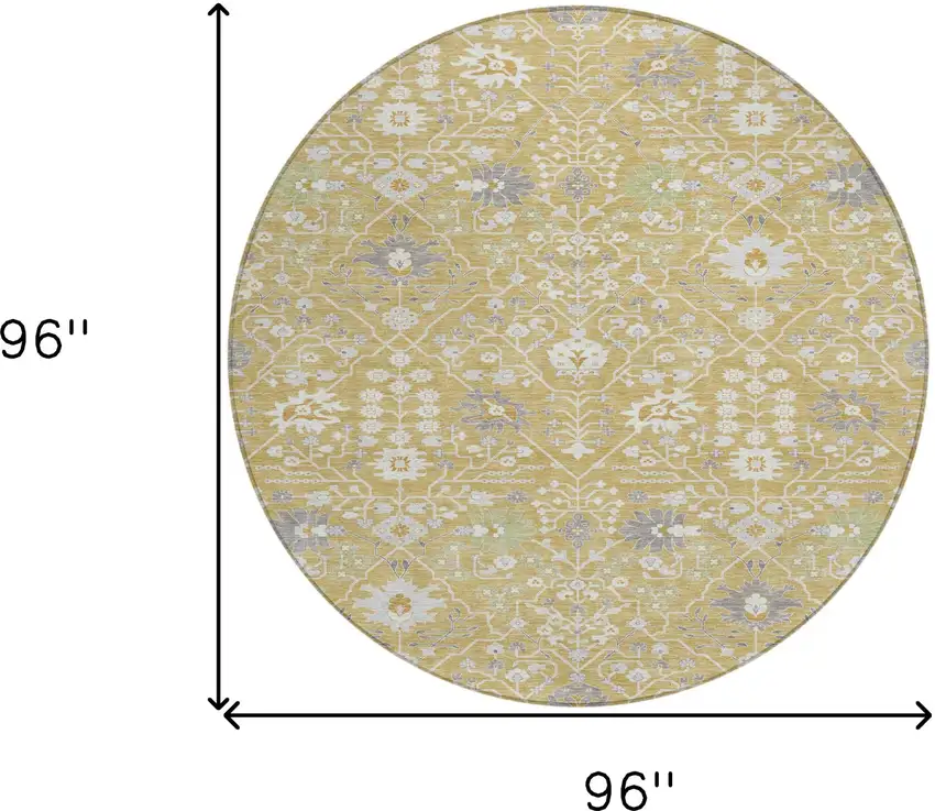 8' Gold Ivory And Gray Round Oriental Washable Indoor Outdoor Area Rug Photo 3
