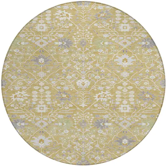 8' Gold Ivory And Gray Round Oriental Washable Indoor Outdoor Area Rug Photo 2