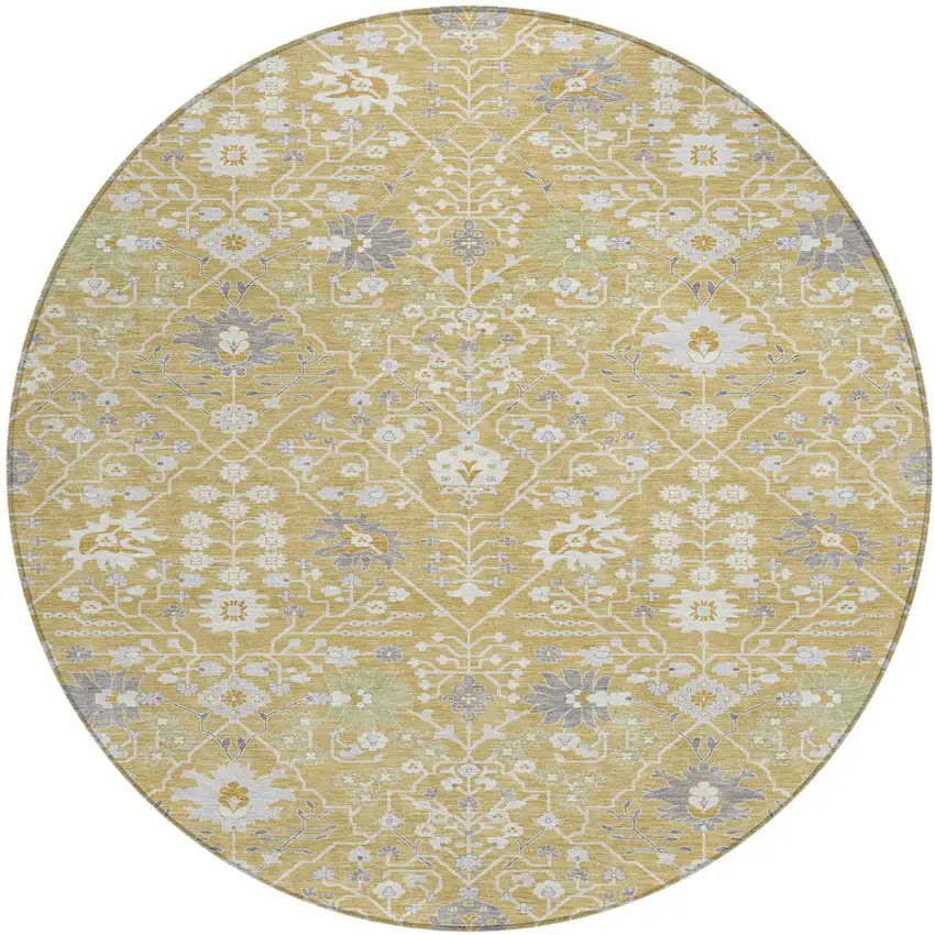 8' Gold Ivory And Gray Round Oriental Washable Indoor Outdoor Area Rug Photo 2