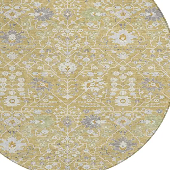 8' Gold Ivory And Gray Round Oriental Washable Indoor Outdoor Area Rug Photo 5