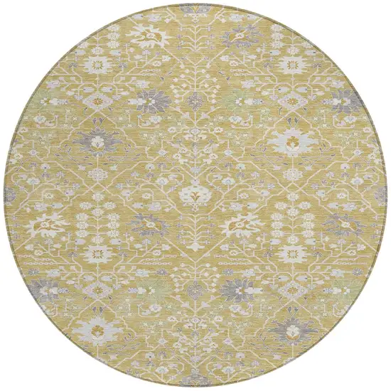 8' Gold Ivory And Gray Round Oriental Washable Indoor Outdoor Area Rug Photo 6