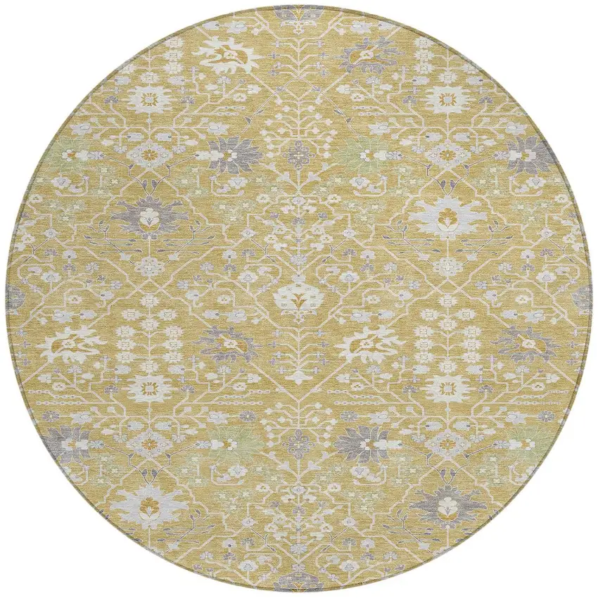 8' Gold Ivory And Gray Round Oriental Washable Indoor Outdoor Area Rug Photo 6