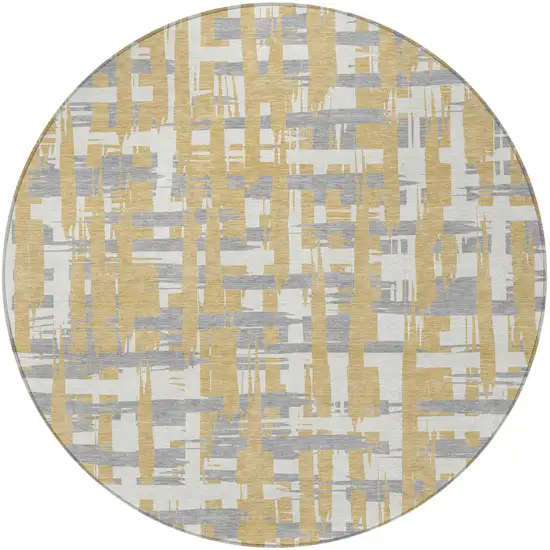 8' Gold Ivory And Gray Round Striped Washable Indoor Outdoor Area Rug Photo 3