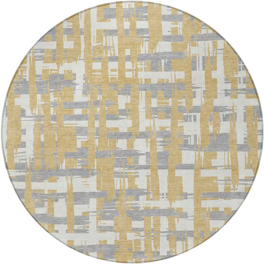 8' Gold Ivory And Gray Round Striped Washable Indoor Outdoor Area Rug Photo 3