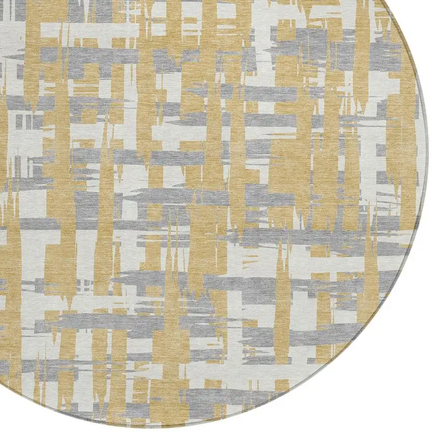 8' Gold Ivory And Gray Round Striped Washable Indoor Outdoor Area Rug Photo 4
