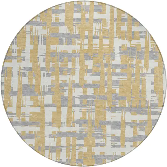 8' Gold Ivory And Gray Round Striped Washable Indoor Outdoor Area Rug Photo 1