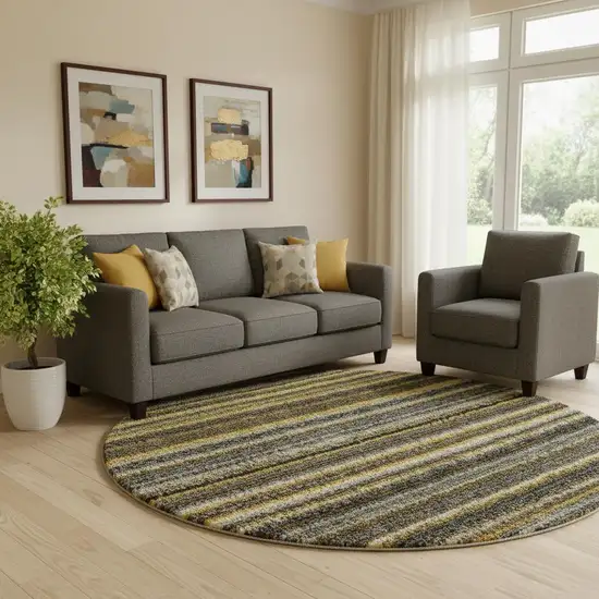 8' Gold Ivory And Gray Striped Washable Round Rug With UV Protection Photo 1