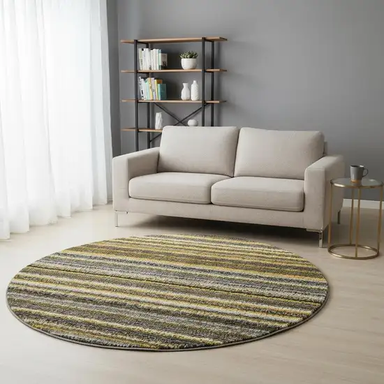 8' Gold Ivory And Gray Striped Washable Round Rug With UV Protection Photo 2