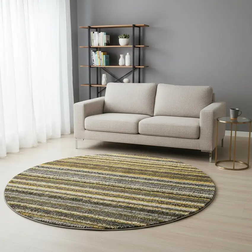 8' Gold Ivory And Gray Striped Washable Round Rug With UV Protection Photo 2