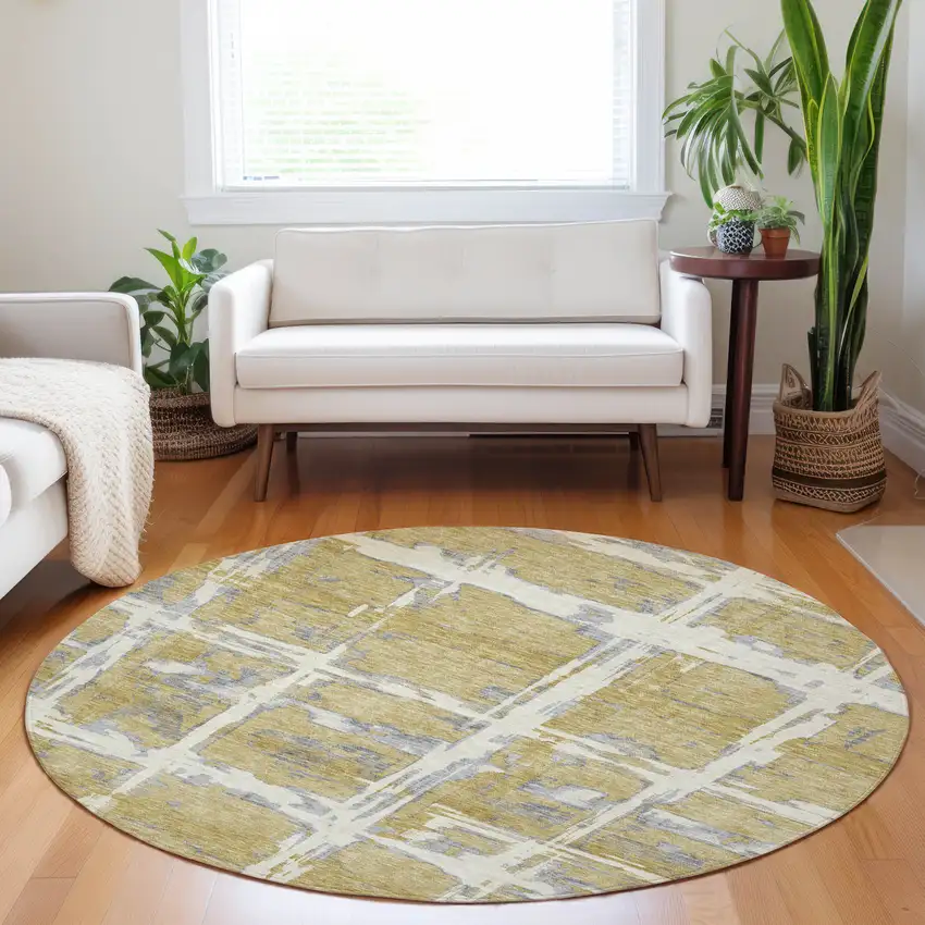 8' Gold Ivory And Gray Striped Washable Round Rug With UV Protection Photo 5
