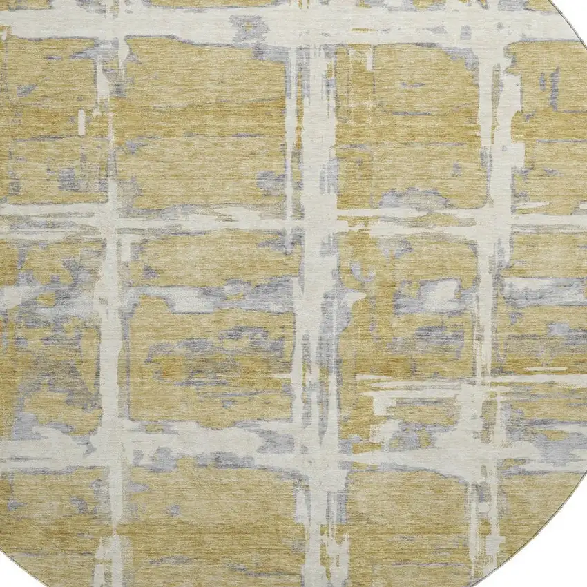 8' Gold Ivory And Gray Striped Washable Round Rug With UV Protection Photo 3
