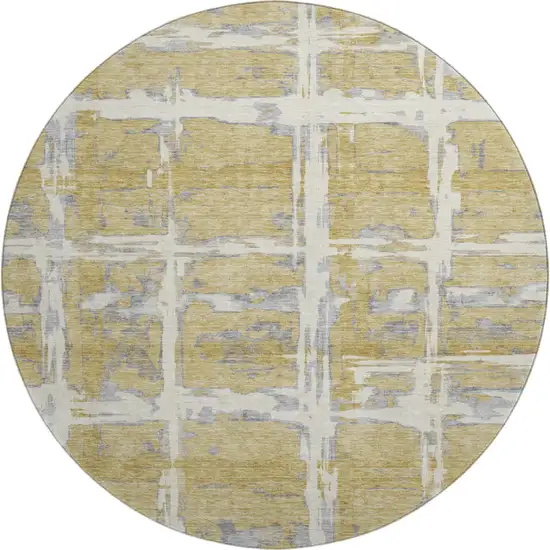 8' Gold Ivory And Gray Striped Washable Round Rug With UV Protection Photo 1