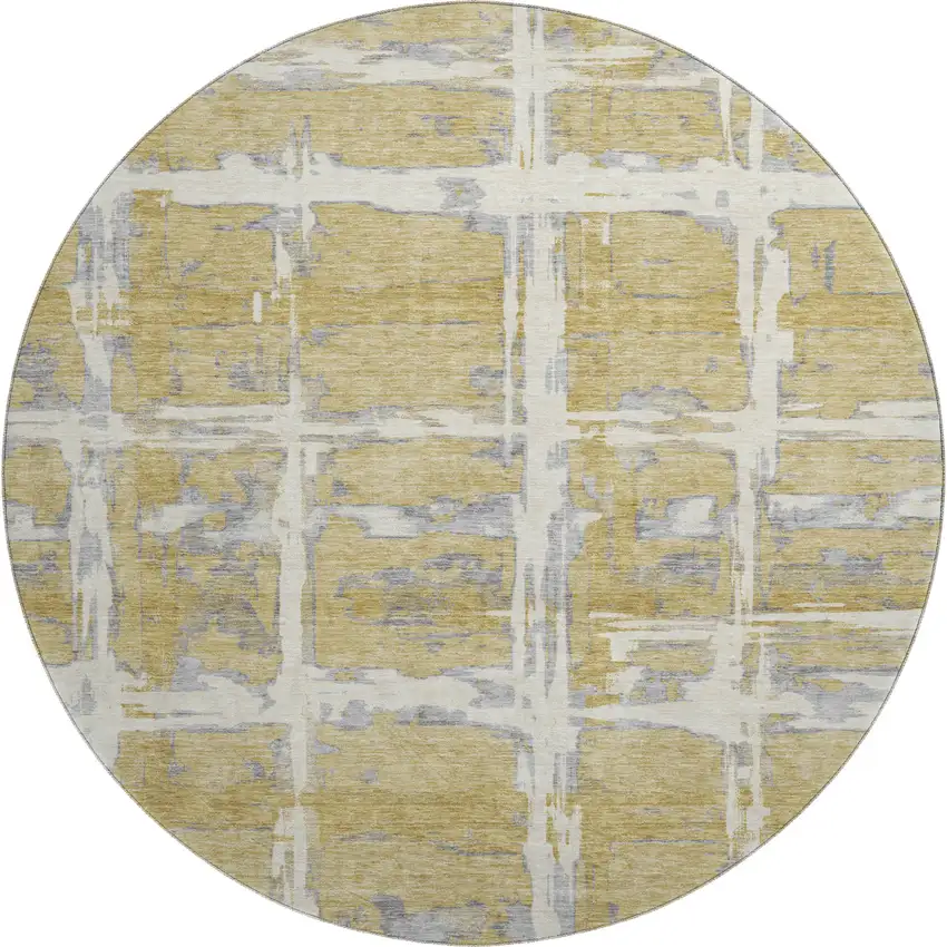 8' Gold Ivory And Gray Striped Washable Round Rug With UV Protection Photo 1