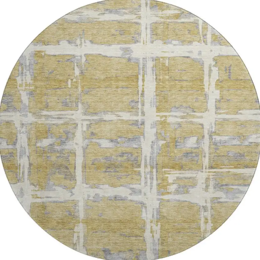 8' Gold Ivory And Gray Striped Washable Round Rug With UV Protection Photo 4