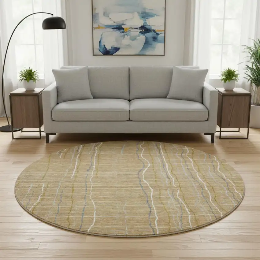 8' Gold Ivory And Gray Striped Washable Round Rug With UV Protection Photo 2