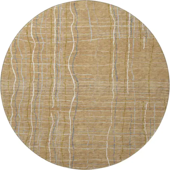 8' Gold Ivory And Gray Striped Washable Round Rug With UV Protection Photo 3