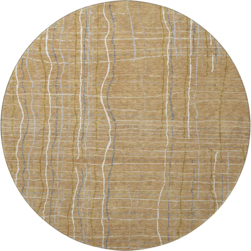8' Gold Ivory And Gray Striped Washable Round Rug With UV Protection Photo 3