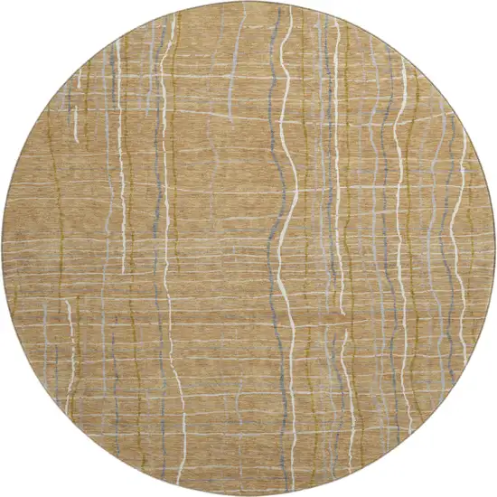 8' Gold Ivory And Gray Striped Washable Round Rug With UV Protection Photo 1